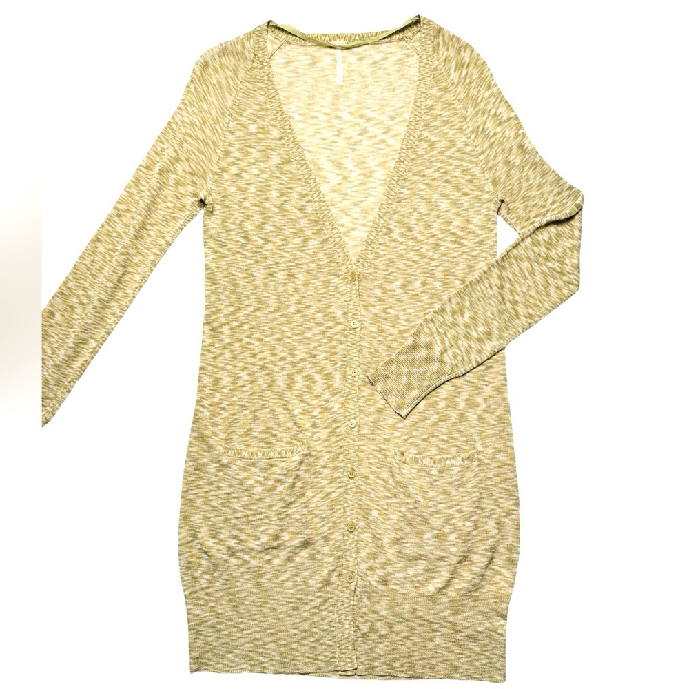 Free People Sheer Longline Space Dye Cardigan Size Medium Green Yellow Beige - Picture 2 of 7